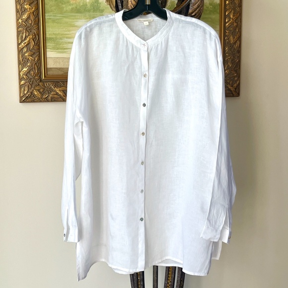 Eileen Fisher Tops - Eileen Fisher White Organic Linen Band Collar Longline Button-up Shirt Sz S